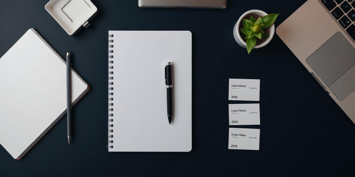 Premium stationery and laptop on a dark desk — precision materials